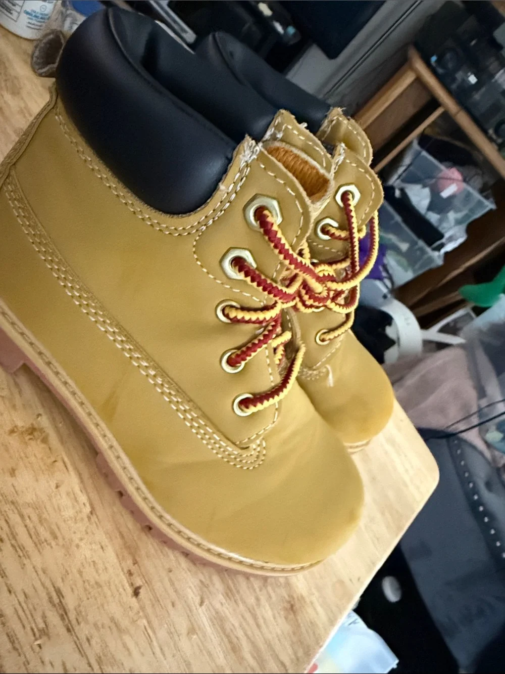 Kids Wheat Work Boots with Red-Trim Laces - Comfortable Lace-Up